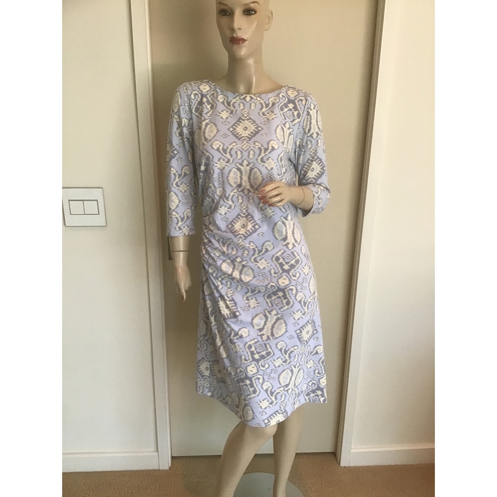 J. McLaughlin Catalina Cloth Dress Blue Ikat Damask Ruched Sheath 3/4 Sleeve M